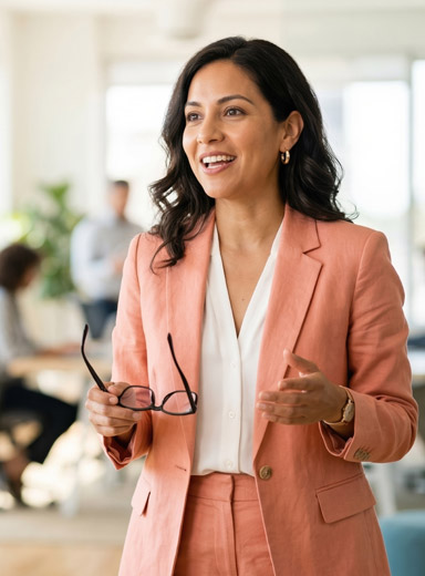 Smiling at camera, confident Indian woman in saree poses at work desk in bright cozy office