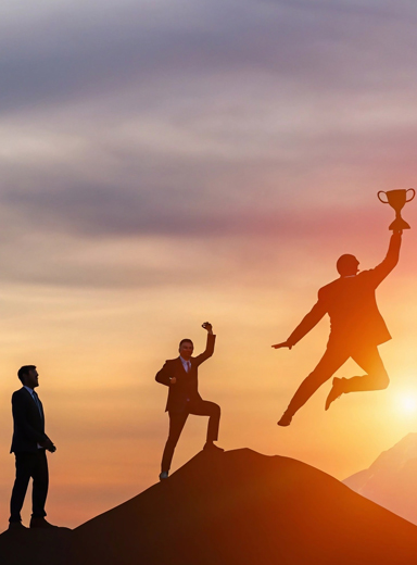 Silhouette of a businessman jumps holding a trophy on top mountain with light sunset.