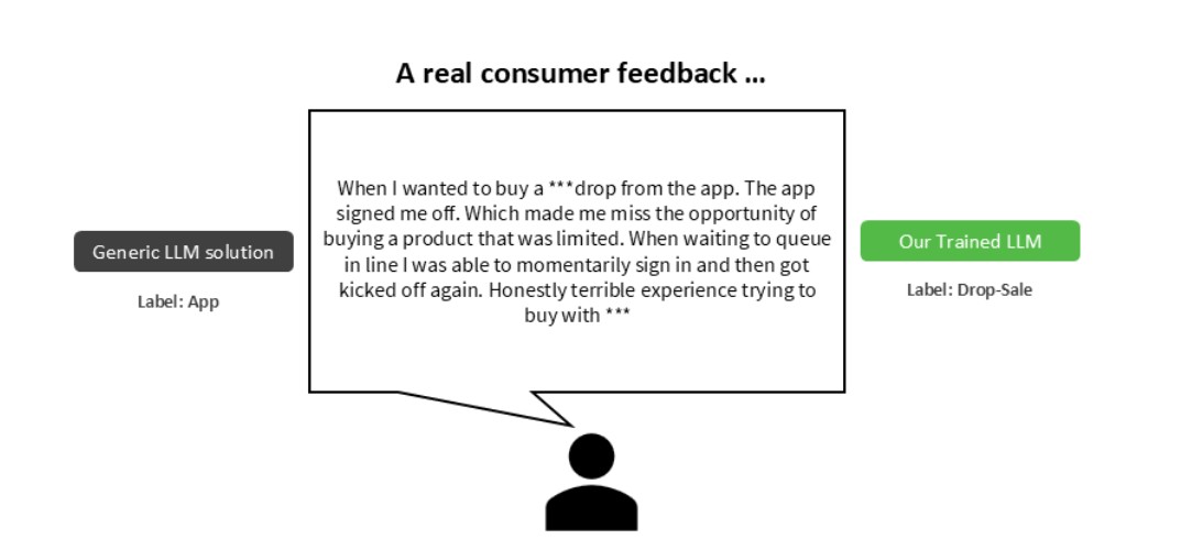 A graphic illustrates how the LLM evaluates and acts per customer feedback 