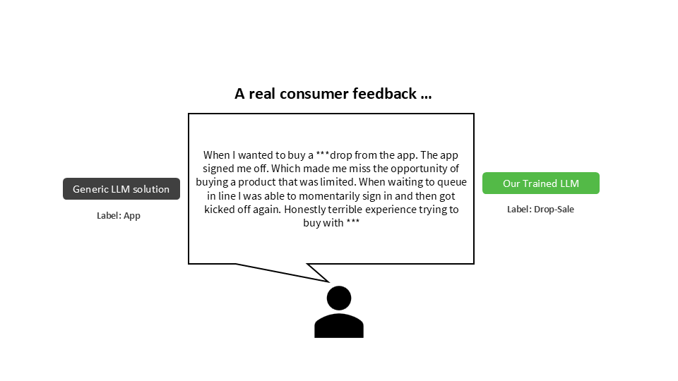 A graphic illustrates how the LLM evaluates and acts per customer feedback 