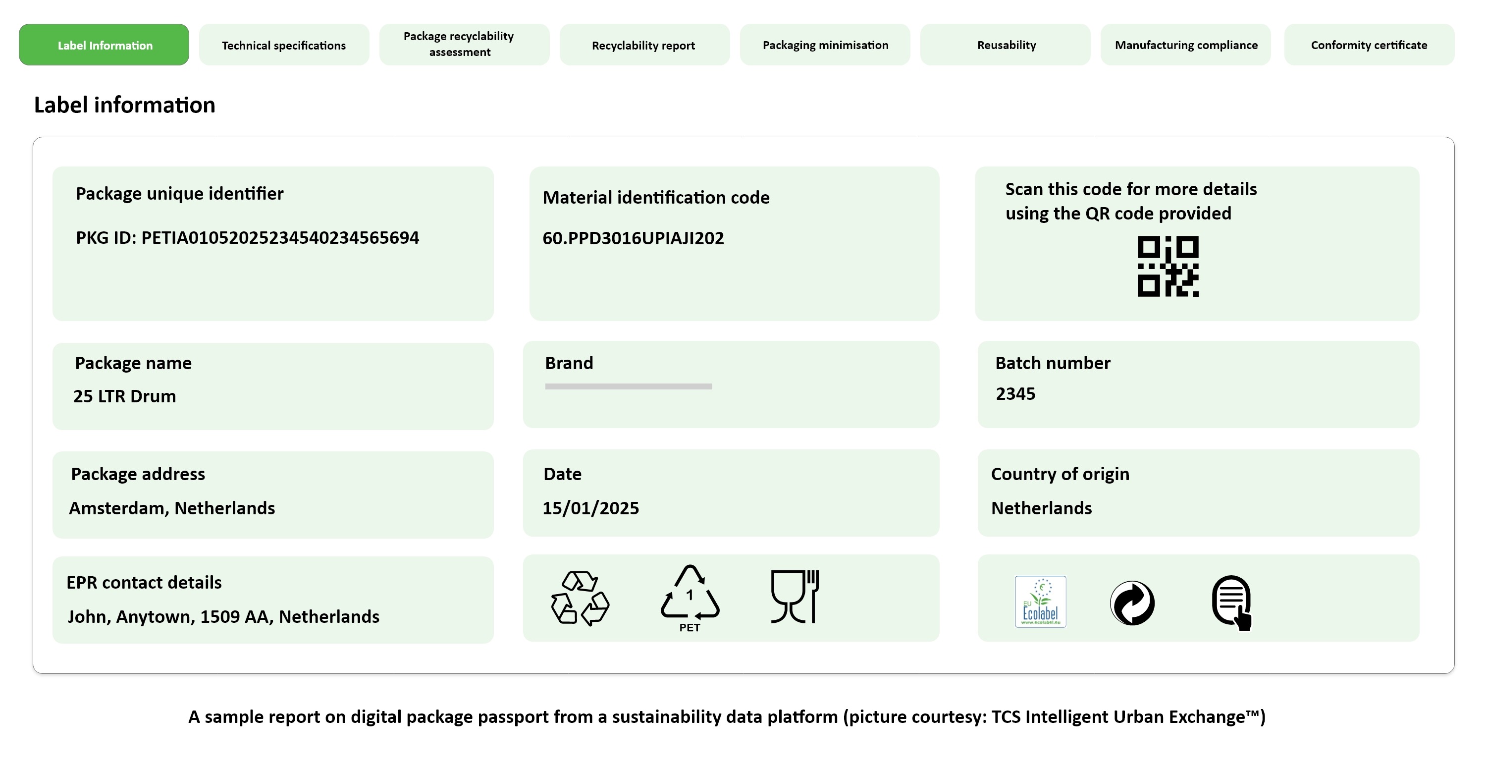 The graphic displays a sample digital package passport showing key label information, such as unique identifiers, material codes, product details, origin, EPR contact details, and a QR code for additional data, arranged in a structured grid.