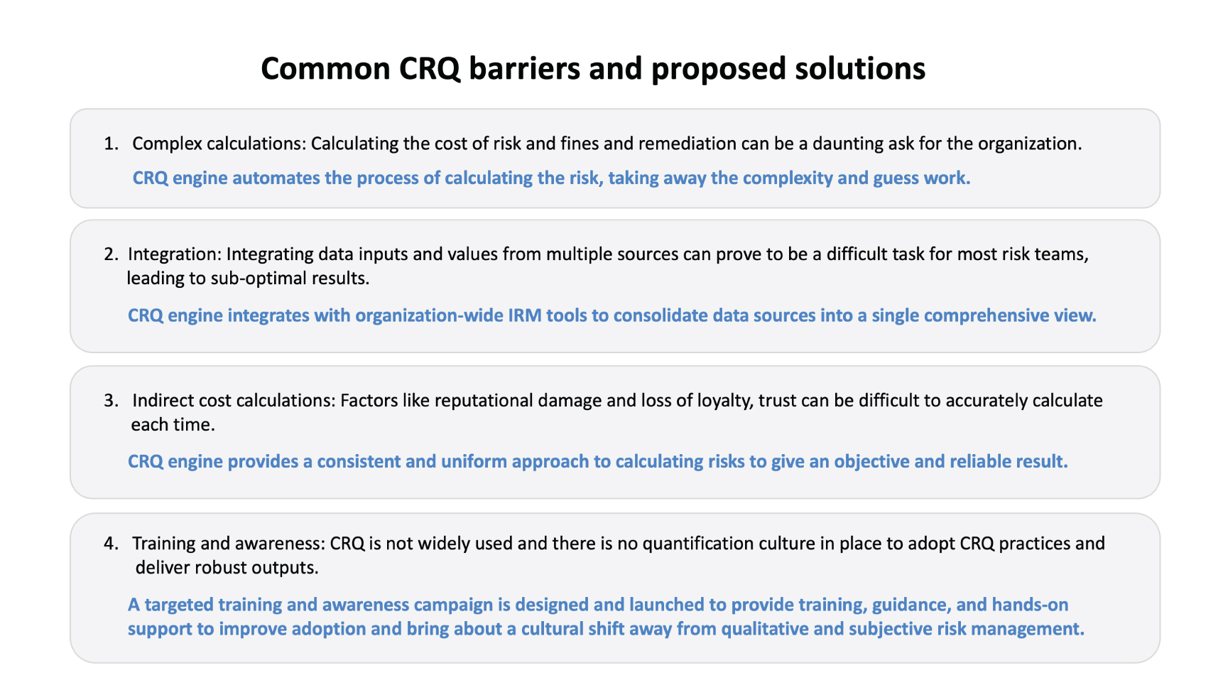 A graphic showing the barriers to adopting CRQ and the solutions to tackle them.