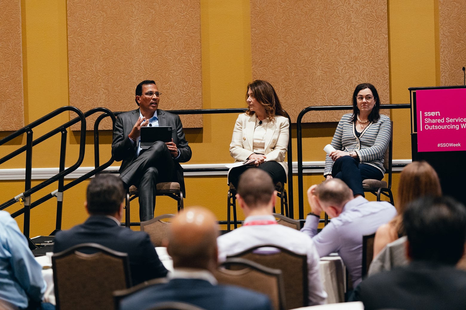 (From left to right) Ashok Pai, Senior Vice President and Global Head, Enterprise Cognitive Business Operations, TCS; Mirlanda Gecaj, Chief Financial Officer and Executive Vice President, Xerox; and Caty Sacco, Vice President, Finance, The Boeing Company addressing a captive audience during the session on ‘Autonomous Finance GBS - Powering Perpetually Adaptable Enterprises’.