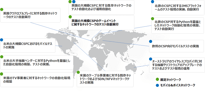 日本TCS のネットワークテストの自動化ソリューションの適用範囲を世界地図で表現したイメージ図